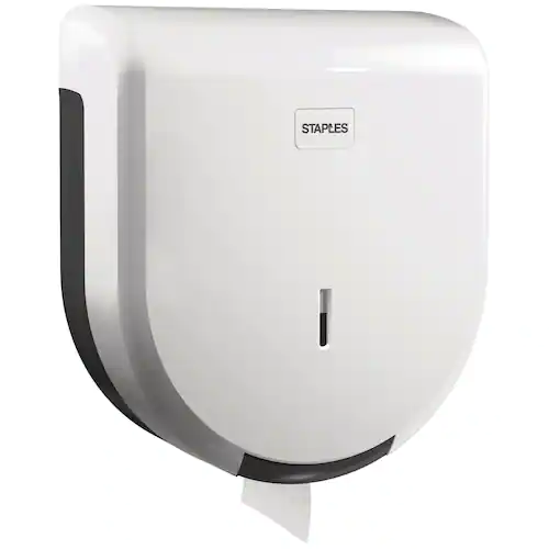 Staples Dispenser, hygienisk, för jumborullar med toalettpapper, ABS-plast, med lock, vit, 320 x 285 x 120 mm