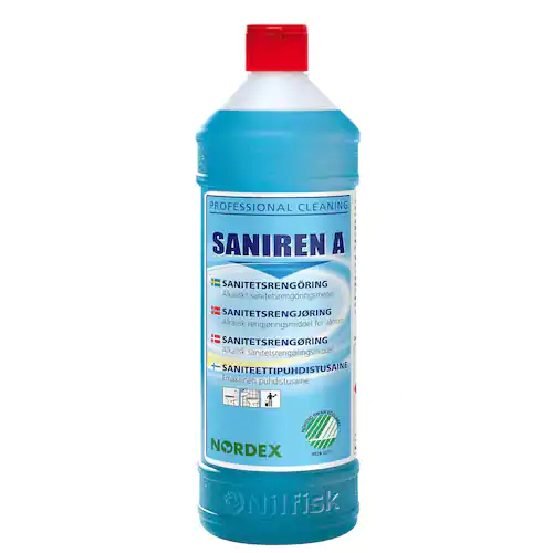 NORDEX Sanitetsrengöring för toaletter och badrum, Saniren A, parfymerad, blå, 1l