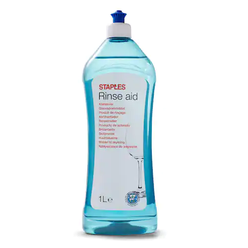 Staples Diskmaskinssköljmedel, genomskinlig vätska, 1 L, lucka som öppnas med ett tryck