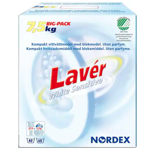 NORDEX Tvättmedel Lavér White Sensitive, lågskummande, färg, utan parfym, 7,5 kg