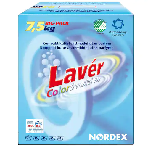 NORDEX Tvättpulver Lavér Colour Sensitive, lågskummande, färg, utan parfym, 7,5 kg